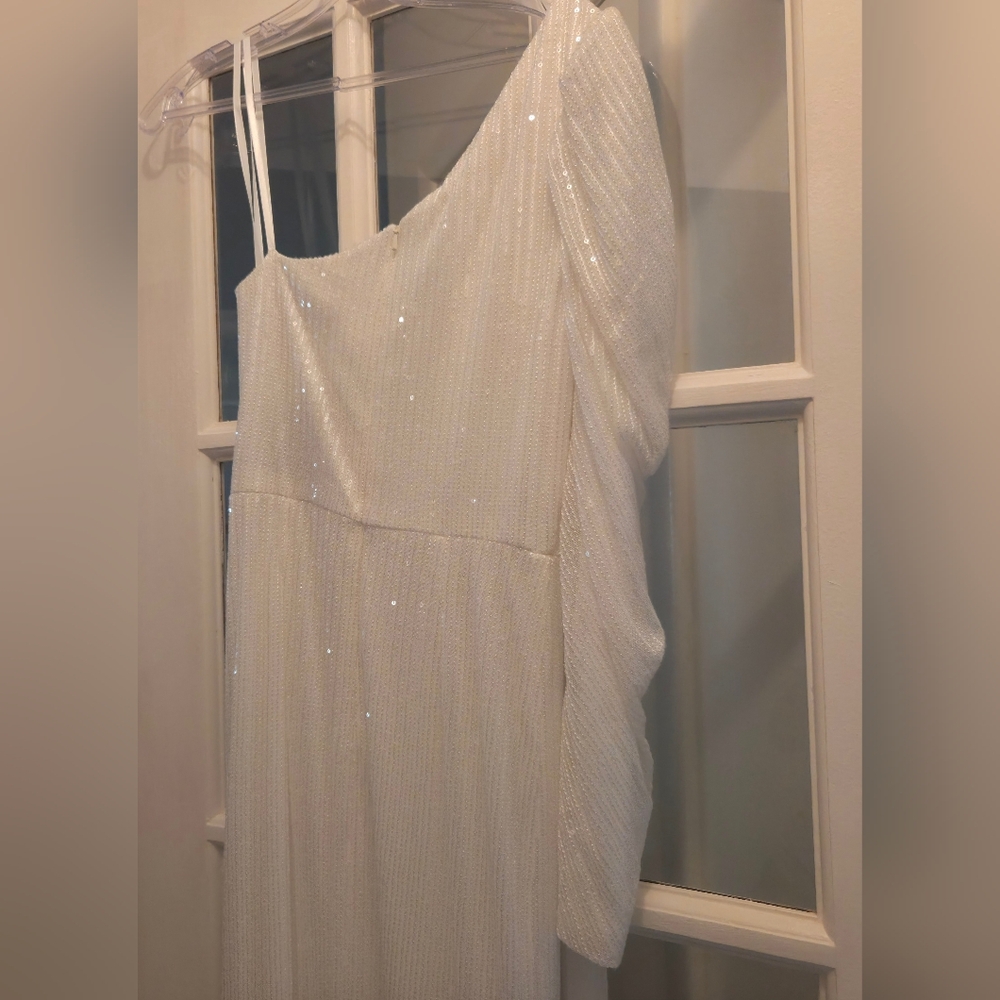 Mac Duggal Sparkling White One Shoulder Triumpet Long Sleeve Dress- HOMECOMING!! - Picture 10 of 12